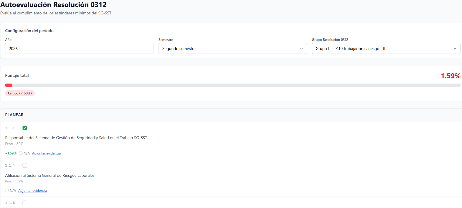 Clasificación automática del grupo Resolución 0312 en el módulo de configuración de empresa de SstEdu